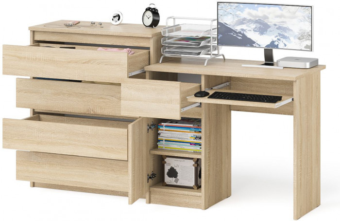 Мори компьютерный стол МС-1 левый + Комод МК800.4, дуб сонома