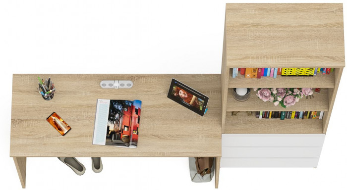 Мори письменный стол МСП1200.1 + Стеллаж МСТ600.3, дуб сонома/белый