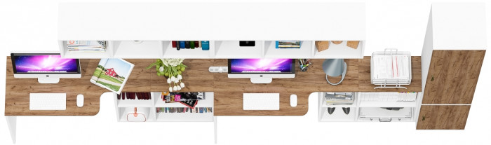 Лидер-8 Стол + Полка + Стол + Полка + Пенал МД 22Б, цвет белый шагрень/крафт золото, ШхГхВ 370х50/37,5х75/190 или 230х120/50х75/190 см., НЕ ун. сборка