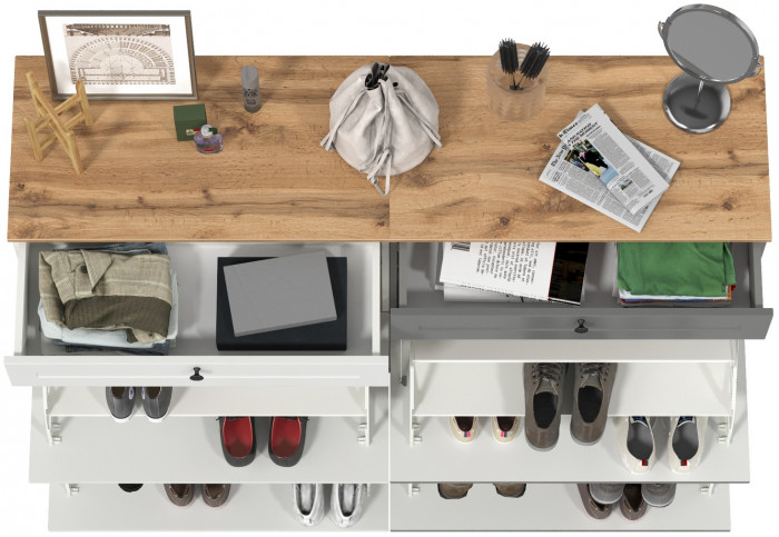 Остин 16.121 Тумба для обуви + 16.121 Тумба для обуви, цвет белый шагрень/серый графит/дуб крафт золотой, ШхГхВ 160х41,6х99,3 см., ун. сборка