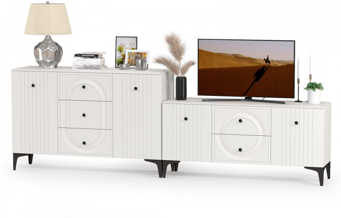 Валенсия Спальня 13.309 Комод + 16.45 Тумба под ТВ, цвет ЛДСП белый шагрень/МДФ белый шагрень, ШхГхВ 266,3х38,4х87,5 см.