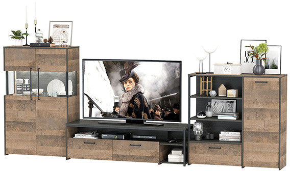 Трувор Гостиная 054, цвет дуб гранж песочный/интра, ШхГхВ 344,6х45,4х135,3 см., универсальная сборка