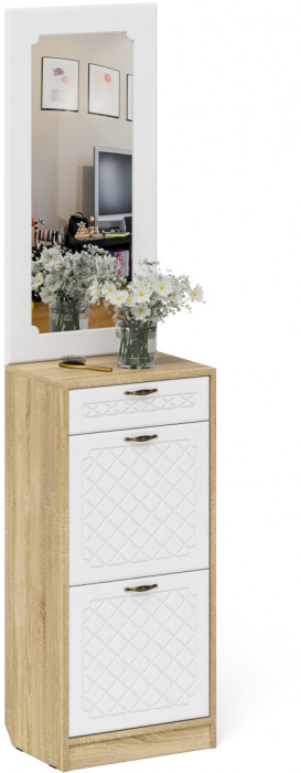 Прихожая П-6 Тумба для обуви 2 секции + Зеркало, цвет дуб сонома/фасады МДФ белое дерево фрезеровка ромб, ШхГхВ 50х35х210 см.