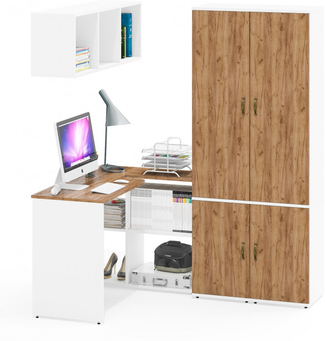 Лидер-8 Стол + Полка + Пенал МД 21Б + Пенал МД 21Б, белый шагрень/крафт золото