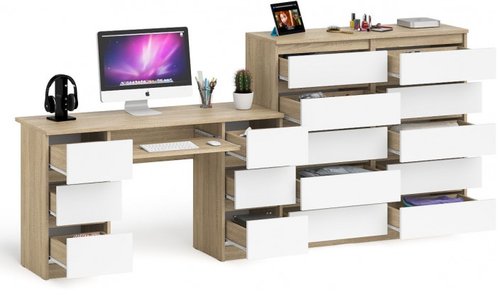 Мори Стол компьютерный МС-2 + Комод МК1200.10, цвет дуб сонома/белый, ШхГхВ 255,8х50х115 см., универсальная сборка