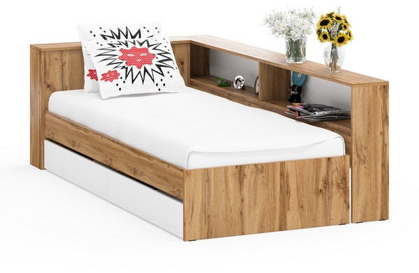 Ксения Кровать с ящиками 0900 + прикроватный блок, дуб вотан/белый