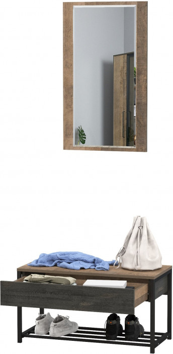 Трувор 13.241.03 Тумба для обуви + 15.30 Зеркало, цвет дуб гранж песочный/интра, ШхГхВ 80х36,6х195 см.
