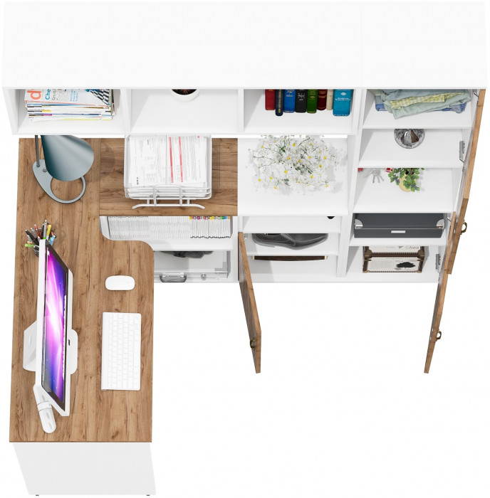 Лидер-8 Стол + Полка + Тумба МД 3.19 + Пенал, цвет белый шагрень/крафт золото, ШхГхВ 245х50/30х75/190 или 160х115/30х75/190 см., НЕ универс. сб.