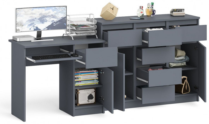 Мори Стол компьютерный МС-1 правый + Комод МК1200.4, цвет графит, ШхГхВ 210,4х50х94 см., выдвижной ящик справа, НЕ универсальная сборка