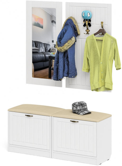 Прихожая П-6 Компоновка № 02, цвет белая шагрень/фасады МДФ белое дерево фрезеровка прованс, ШхГхВ 120х35х200 см.