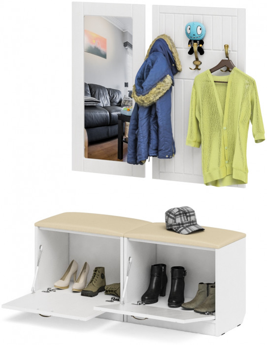 Прихожая П-6 Компоновка № 02, цвет белая шагрень/фасады МДФ белое дерево фрезеровка прованс, ШхГхВ 120х35х200 см.