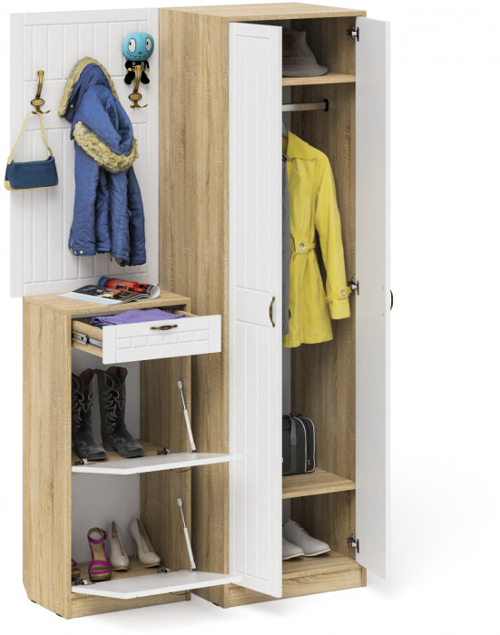 Прихожая П-6 Компоновка № 18, цвет дуб сонома/фасады МДФ белое дерево фрезеровка прованс, ШхГхВ 120х50х210 см., универсальная сборка