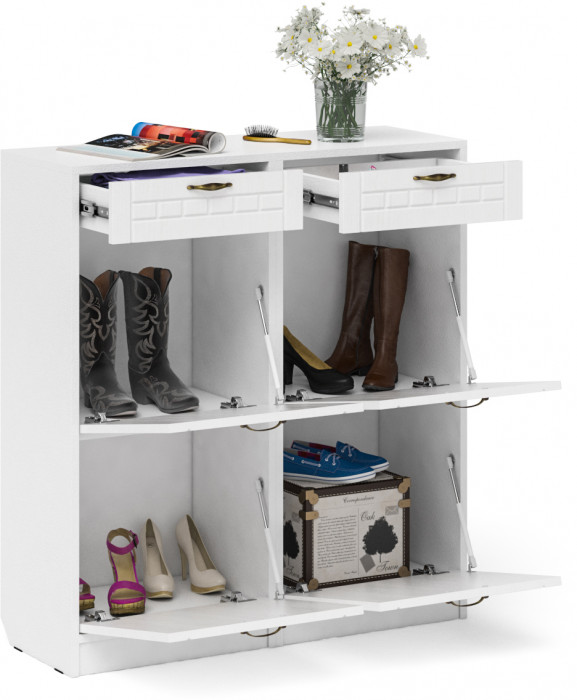 Прихожая П-6 Тумба для обуви 2 секции + Тумба для обуви 2 секции, цвет белая шагрень/фасады МДФ белое дерево фрезеровка прованс, ШхГхВ 100х35х108,3 см
