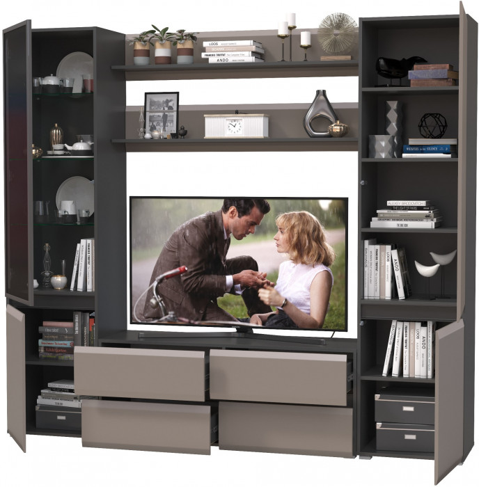 Сидней Комплектация № 069, цвет корпус: антрацит/фасады: МДФ веллюто капучино, ШхГхВ 229,9х41,3х205,2 см., ниша для ТВ 129х41х90 см., универс. сборка