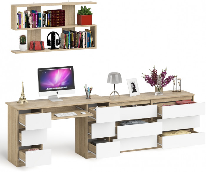 Мори компьютерный стол МС-2 + Комод МК1380.6 + Полка 1200, дуб сонома/белый