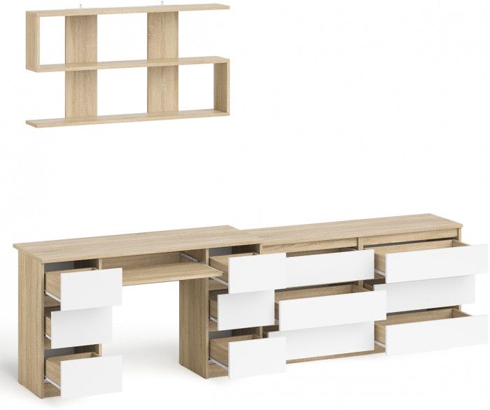 Мори компьютерный стол МС-2 + Комод МК1380.6 + Полка 1200, дуб сонома/белый