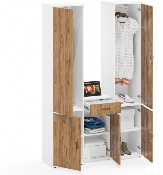 Лидер-8 Пенал МД 21Б + Пенал МД 21Б + Тумба МД 3.15, цвет белый шагрень/крафт золото, ШхГхВ 120х37,5х190 см., универсальная сборка