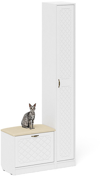 Прихожая П-6 Компоновка № 19, цвет белая шагрень/фасады МДФ белое дерево фрезеровка ромб, ШхГхВ 90х35х210 см., универсальная сборка