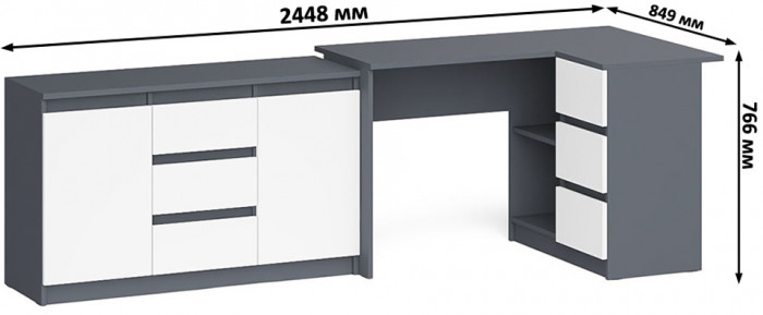 Мори Стол компьютерный МС-16 правый + Комод МК1200.3, цвет графит/белый, ШхГхВ 244,8х84,9х76,6 см., выдвижные ящики справа, НЕ универсальная сборка