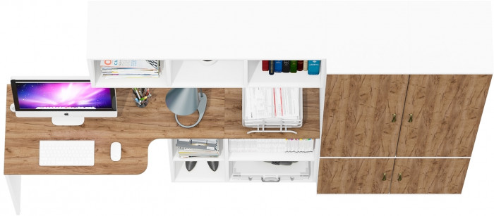 Лидер-8 Стол + Полка + Пенал МД 22Б + Пенал МД 22Б, белый шагрень/крафт золото