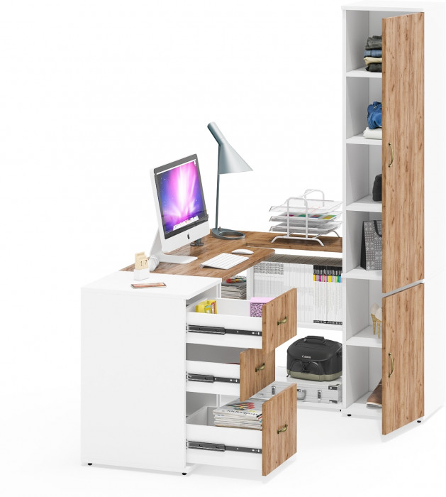 Лидер-8 Стол + Тумба МД 3.16 + Пенал МД 22Б, белый шагрень/крафт золото