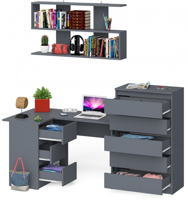 Мори компьютерный стол МС-16 левый + Комод МК700.5 + Полка 1200, графит