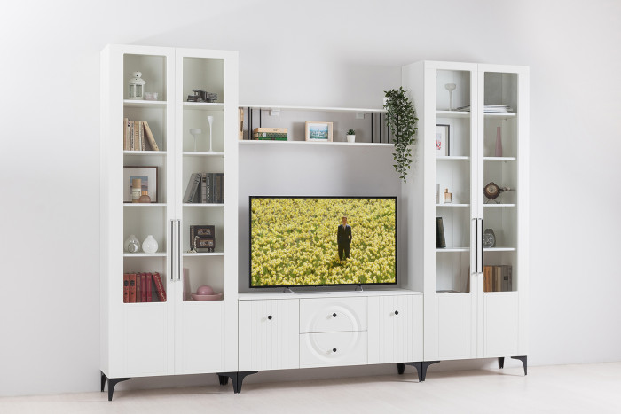 Валенсия Гостиная 16.45 Тумба под ТВ, цвет ЛДСП белый шагрень/МДФ белый шагрень, ШхГхВ 133,1х38,3х63,7 см.