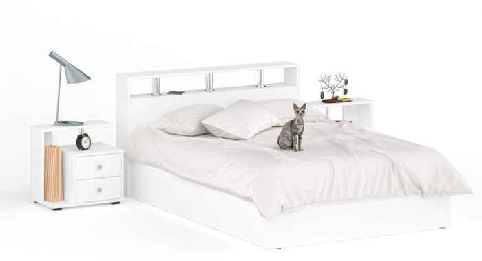 Камелия Кровать 1400 + две тумбы, цвет белый, ШхГхВ 256х217х78,2 см., сп.м. 1400х2000 мм., без матраса, основание есть