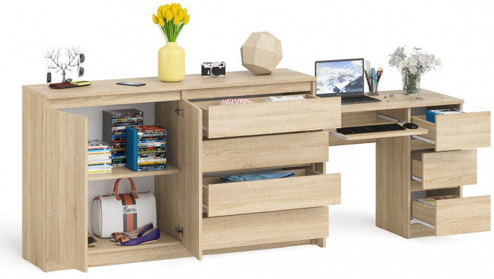 Мори Стол компьютерный МС-6 правый + Комод МК1600.1, цвет дуб сонома, ШхГхВ 250,4х50х94 см., выдвижные ящики справа, НЕ универсальная сборка
