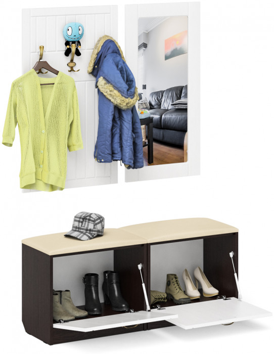 Прихожая П-6 Компоновка № 02, цвет венге/фасады МДФ белое дерево фрезеровка прованс, ШхГхВ 120х35х200 см.