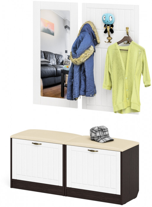 Прихожая П-6 Компоновка № 02, цвет венге/фасады МДФ белое дерево фрезеровка прованс, ШхГхВ 120х35х200 см.