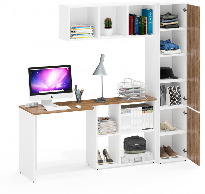 Лидер-8 Стол + Полка + Пенал МД 22Б, белый шагрень/крафт золото