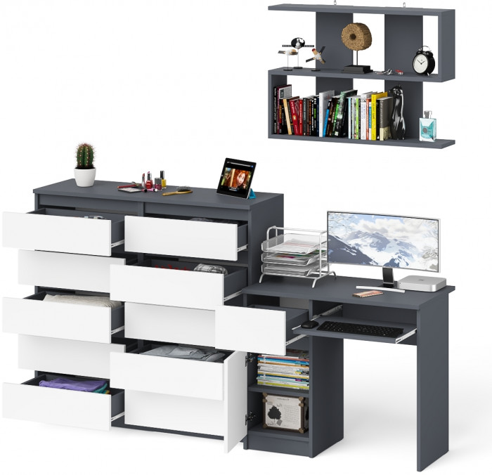 Мори компьютерный стол МС-1 левый + Комод МК1200.10 + Полка 900, графит/белый