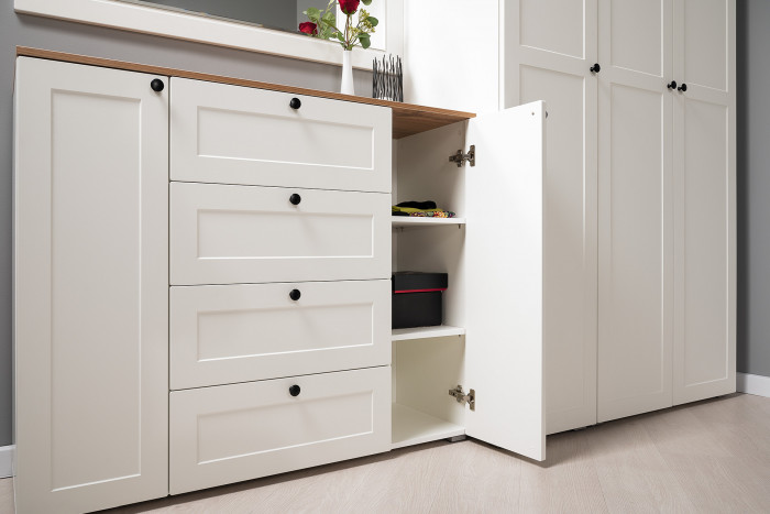 Остин Прихожая 52, цвет белый шагрень/дуб крафт золотой, ШхГхВ 280х54,3х229,6 см., универсальная сборка