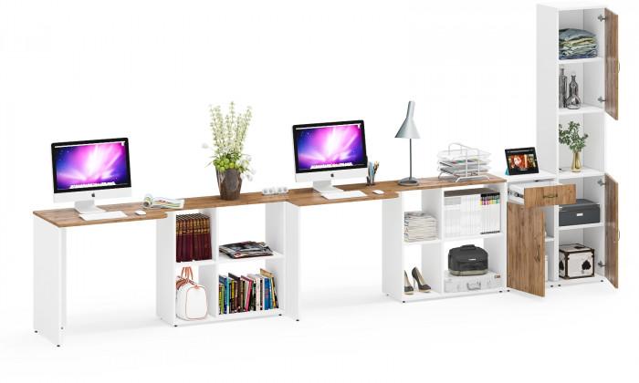 Лидер-8 Стол + Стол + Пенал + Тумба МД 3.15, цвет белый шагрень/крафт золото, ШхГхВ 410х50/30х75/190 см. или 230х50/160х75/190 см., НЕ универс. сборка