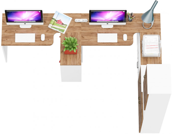 Лидер-8 Стол + Стол + Пенал + Тумба МД 3.15, цвет белый шагрень/крафт золото, ШхГхВ 410х50/30х75/190 см. или 230х50/160х75/190 см., НЕ универс. сборка