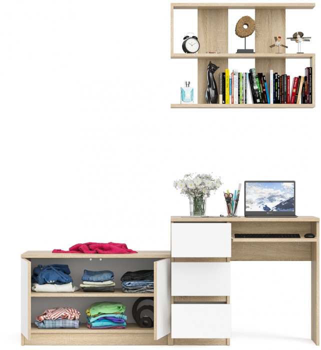 Мори Стол компьютерный МС-6 левый + Тумба МА900.1 + Полка 900, цвет дуб сонома/белый, ШхГхВ 180,4х50,4х209,6 см., НЕ универсальная сборка