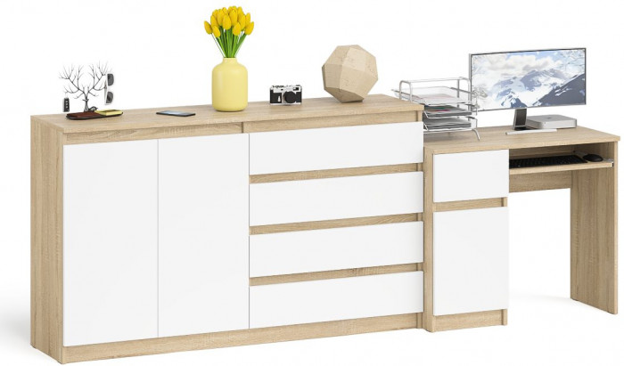 Мори компьютерный стол МС-1 левый + Комод МК1600.1, дуб сонома/белый