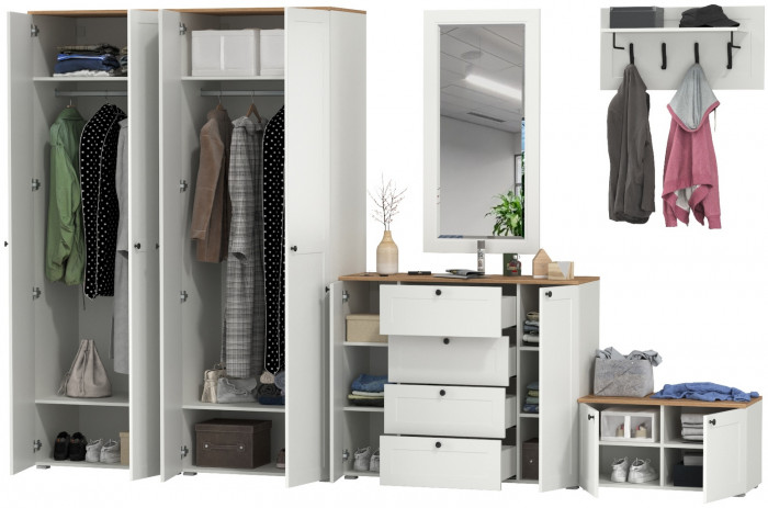 Остин Прихожая 54, цвет белый шагрень/дуб крафт золотой, ШхГхВ 360х54,3х229,6 см., универсальная сборка