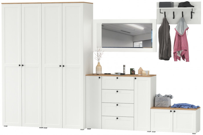 Остин Прихожая 54, цвет белый шагрень/дуб крафт золотой, ШхГхВ 360х54,3х229,6 см., универсальная сборка