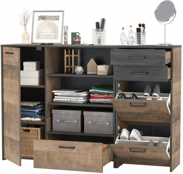 Трувор 13.241.06 Тумба для обуви + 13.307.01 Комод, цвет дуб гранж песочный/интра, ШхГхВ 159х37х106,9 см., универсальная сборка