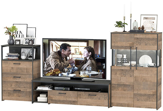 Трувор Гостиная 066, цвет дуб гранж песочный/интра, ШхГхВ 301,6х45,4х135,3 см., универсальная сборка