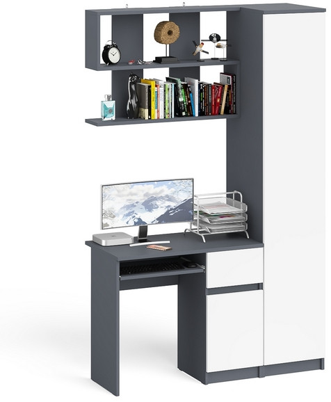 Мори компьютерный стол МС-1 правый + Пенал МШ400.1 + Полка 900, графит/белый