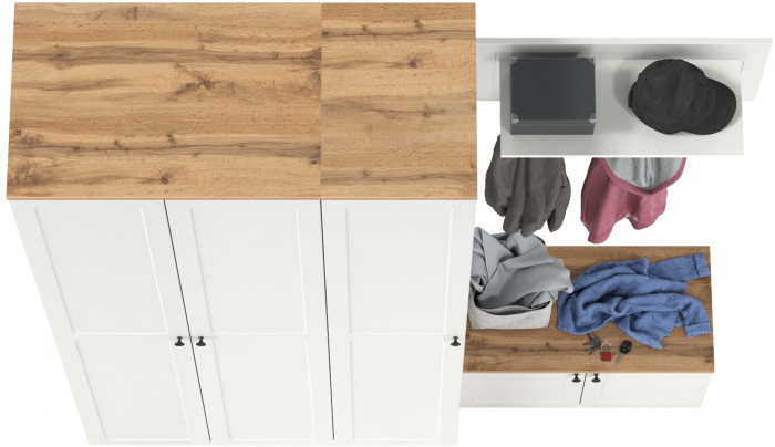 Остин Прихожая 43, цвет белый шагрень/дуб крафт золотой, ШхГхВ 200х54,3х229,6 см., универсальная сборка