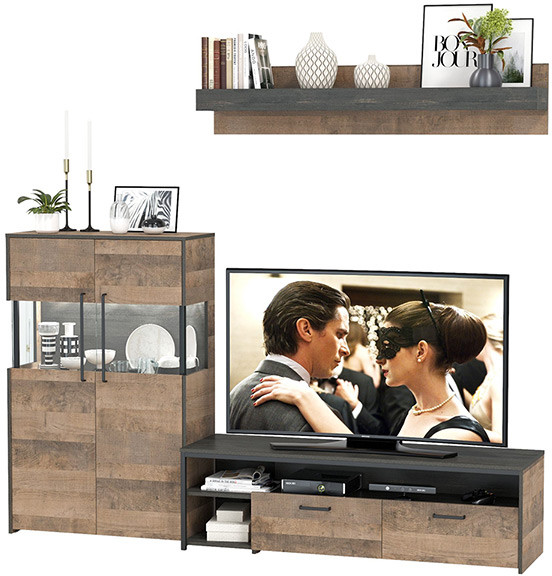 Трувор 13.70 Тумба под ТВ + 13.306 Комод с витриной + 15.60 Полка, дуб гранж песочный/интра