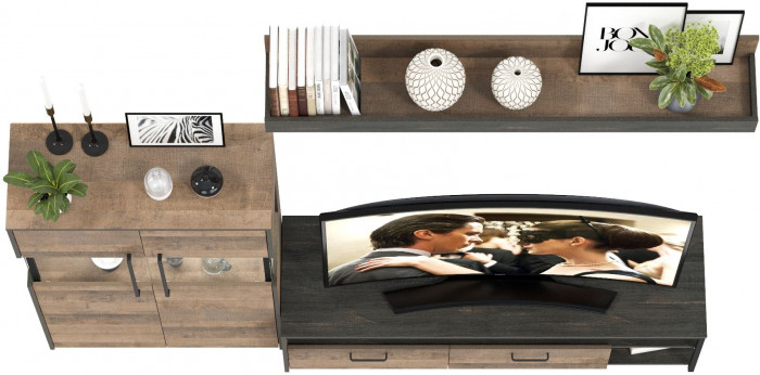 Трувор 13.70 Тумба под ТВ + 13.306 Комод с витриной + 15.60 Полка, дуб гранж песочный/интра