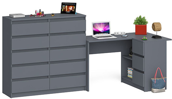 Мори Стол компьютерный МС-16 правый + Комод МК1200.10, цвет графит, ШхГхВ 244,8х84,9х115 см., выдвижные ящики справа, НЕ универсальная сборка