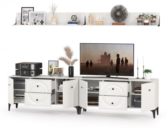 Валенсия Гостиная № 052, цвет ЛДСП белый шагрень/МДФ белый шагрень, ШхГхВ 266,2х38,3х180 см.