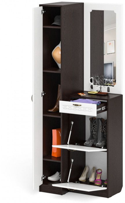 Прихожая П-6 Компоновка № 43, венге/фасады МДФ белое дерево фрезеровка ромб