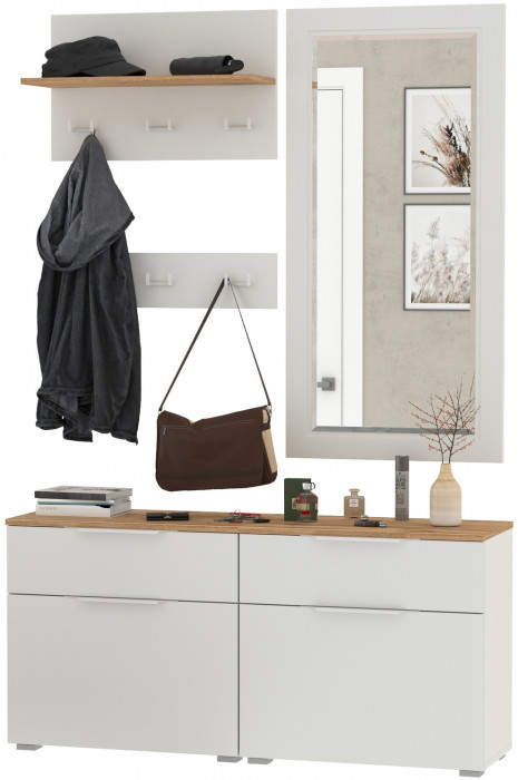 Октава Прихожая 40, цвет белый шагрень/дуб крафт золотой/фасады МДФ белый шагрень, ШхГхВ 129,8х35,4х197 см., универсальная сборка